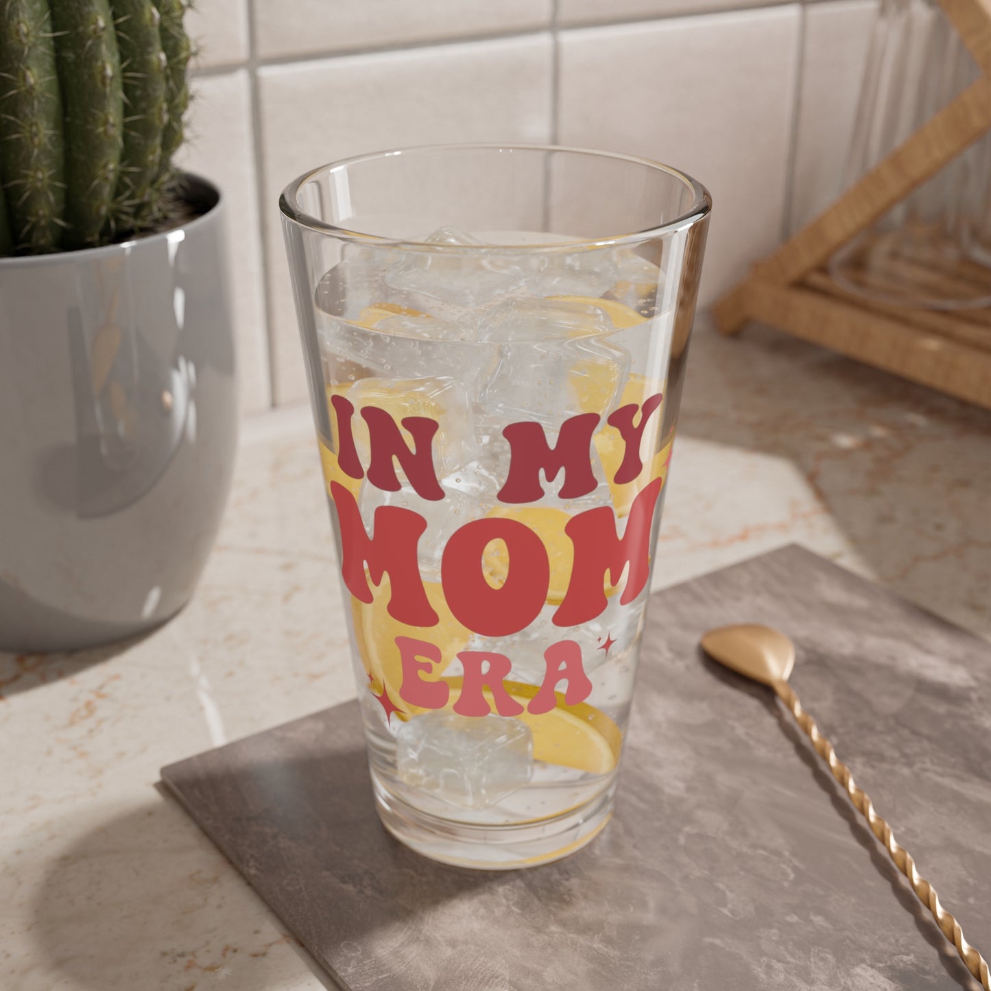 In My Mom Era Glass 16oz Retro Pastel Cocktail Glass Cute Mom Gift Red and Pink Design
