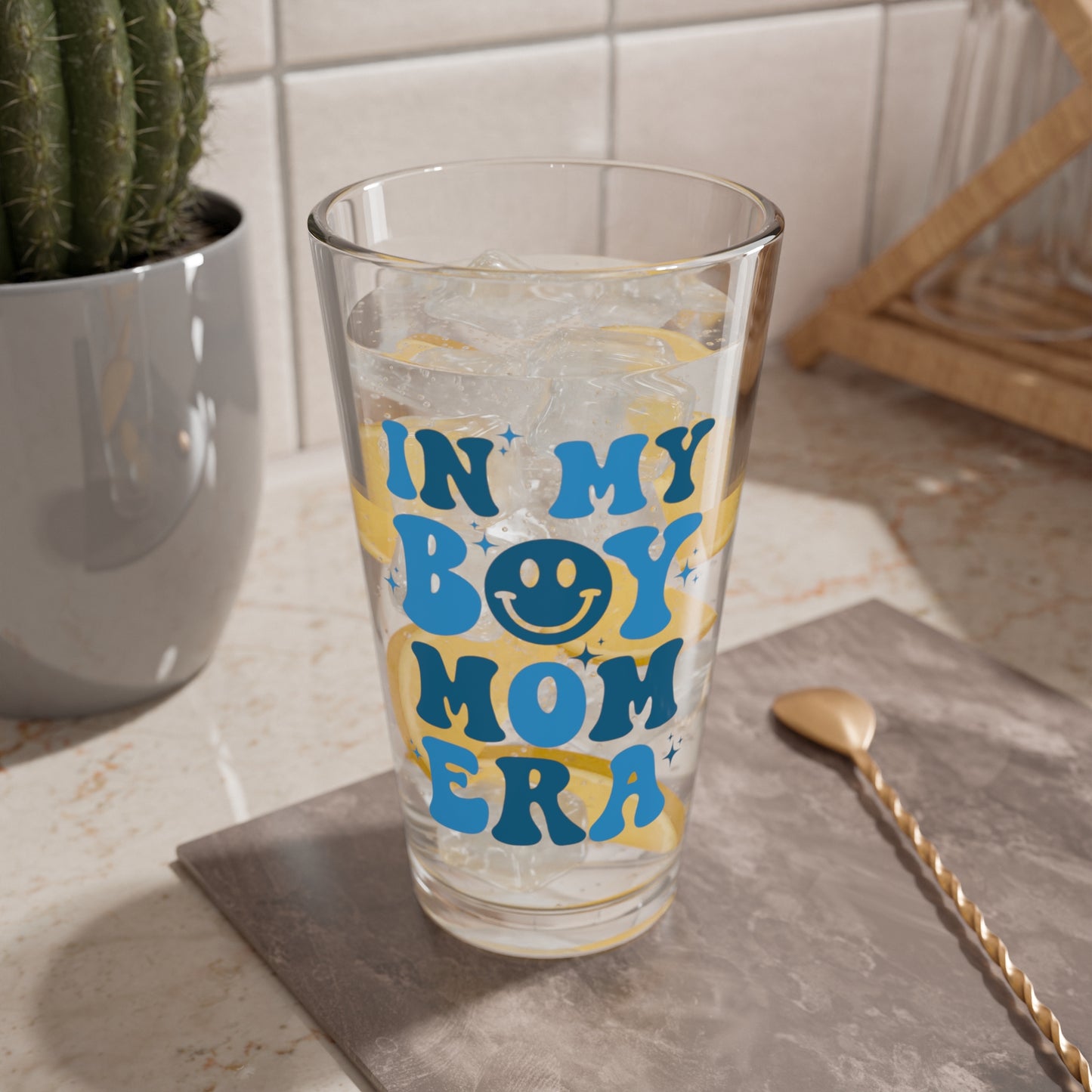 In My Boy Mom Era Glass 16oz Retro Pastel Cocktail Glass Cute Mom Gift