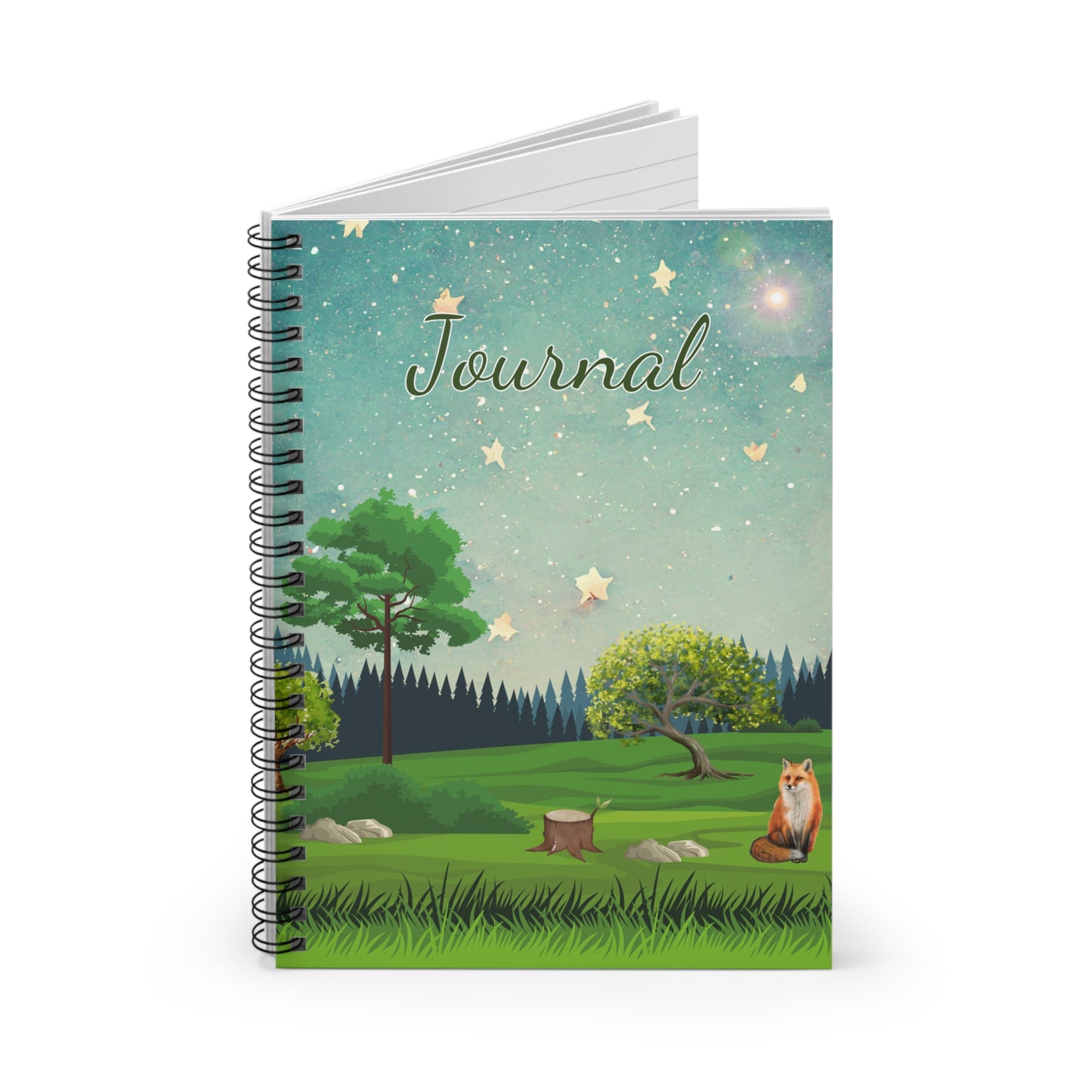 Whimsical Forest Cute Fox Nature And Starry Night Notebook Journal Design With Ruled Lines